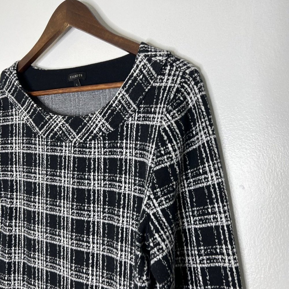 Talbots Sabrina Black Plaid 3/4 Sleeve Round Neck Pullover Sweater Size Large - Picture 2 of 7